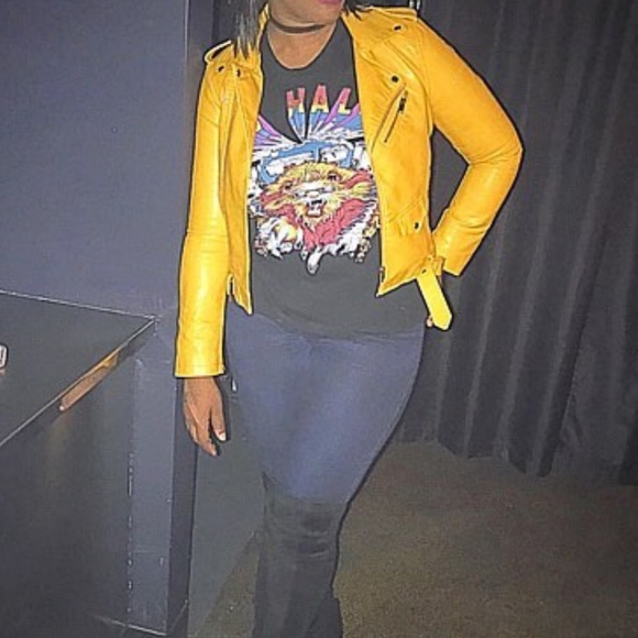 None Jackets & Blazers - Mustard Yellow Faux Leather Moto Jacket